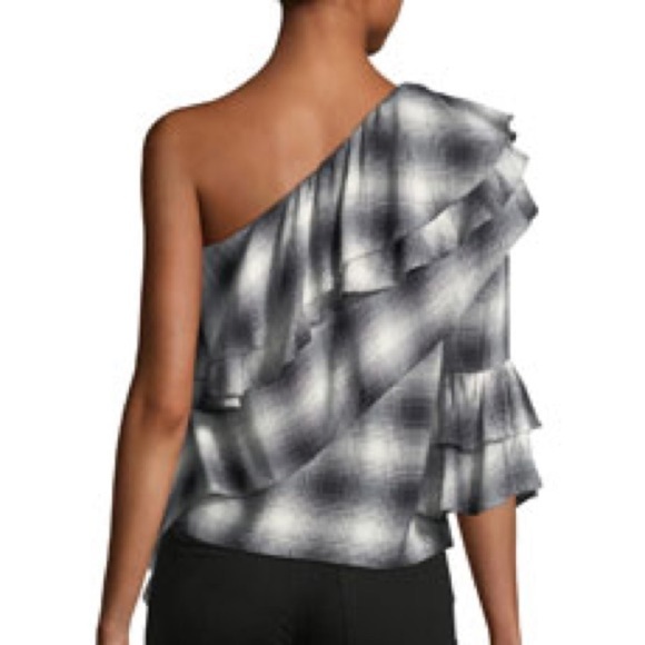 Alice + Olivia Black White Plaid One Shoulder Ruffle Top Size Med - Picture 4 of 16